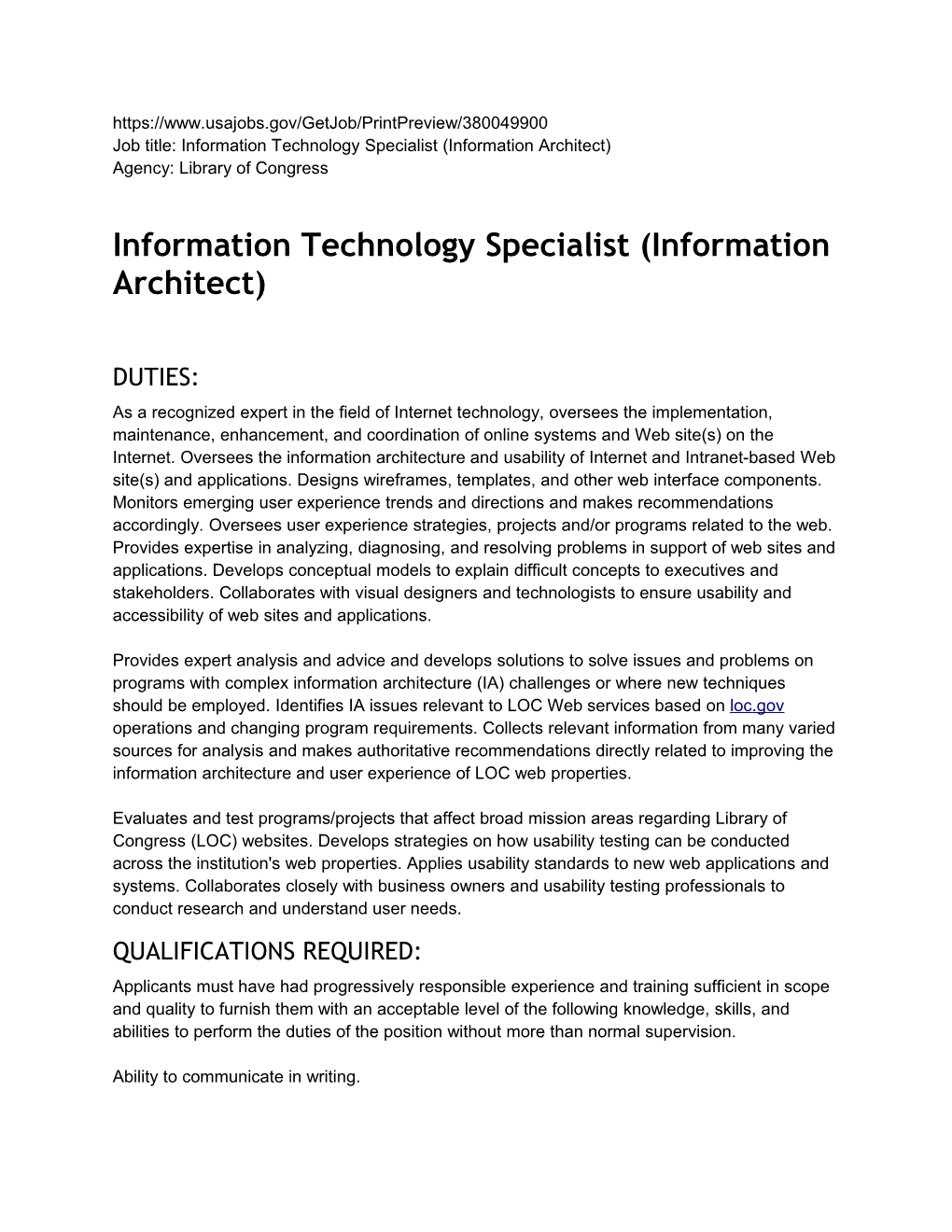 Job Title: Information Technology Specialist (Information Architect)