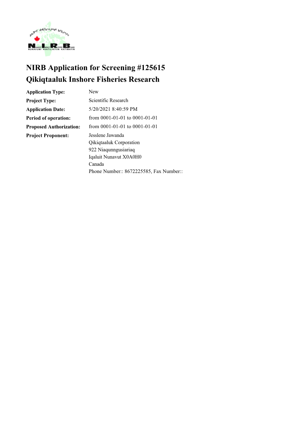 NIRB Application for Screening #125615 Qikiqtaaluk Inshore Fisheries Research