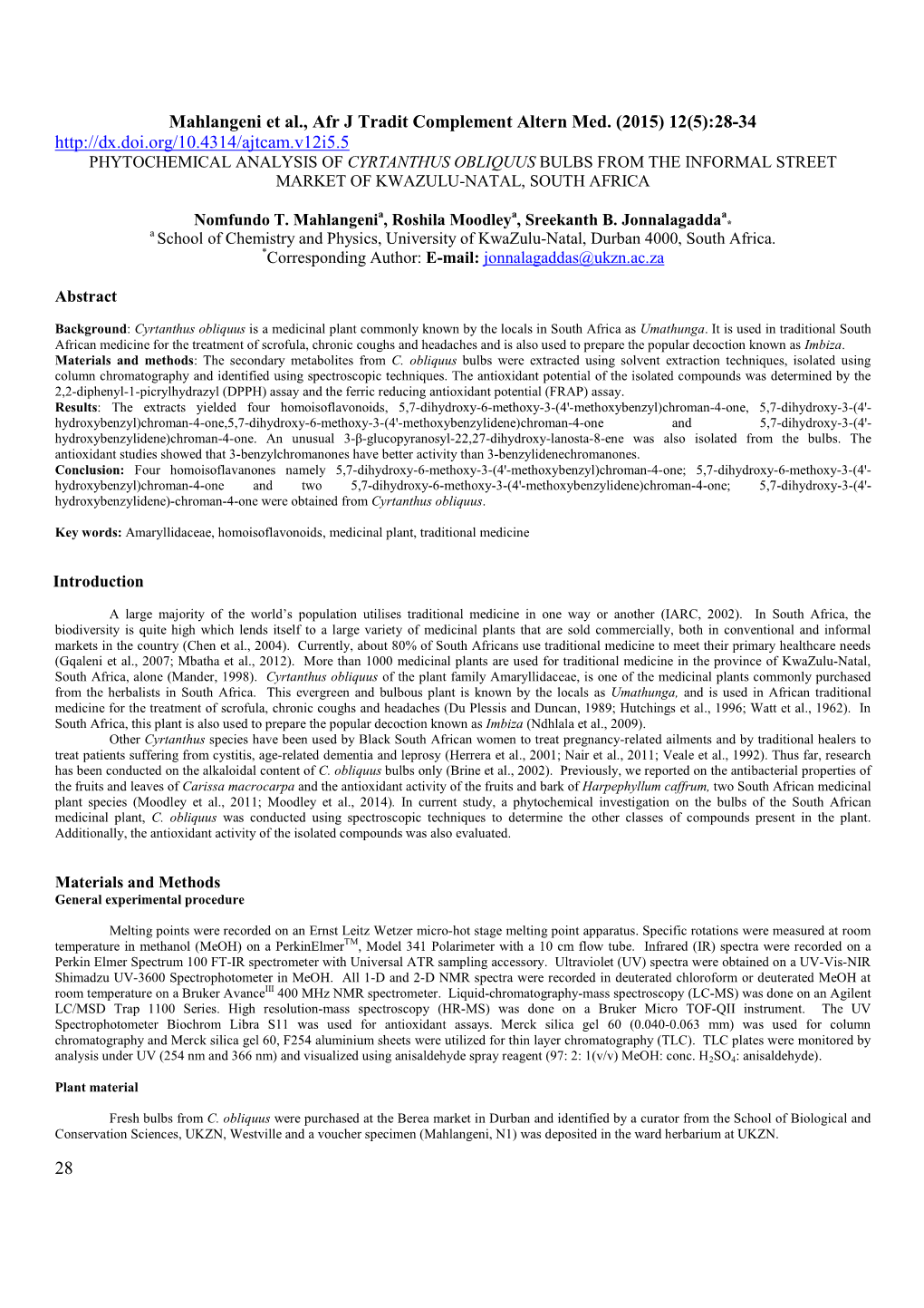 Phytochemical Analysis of Cyrtanthus Obliquus Bulbs from the Informal Street Market of Kwazulu-Natal, South Africa