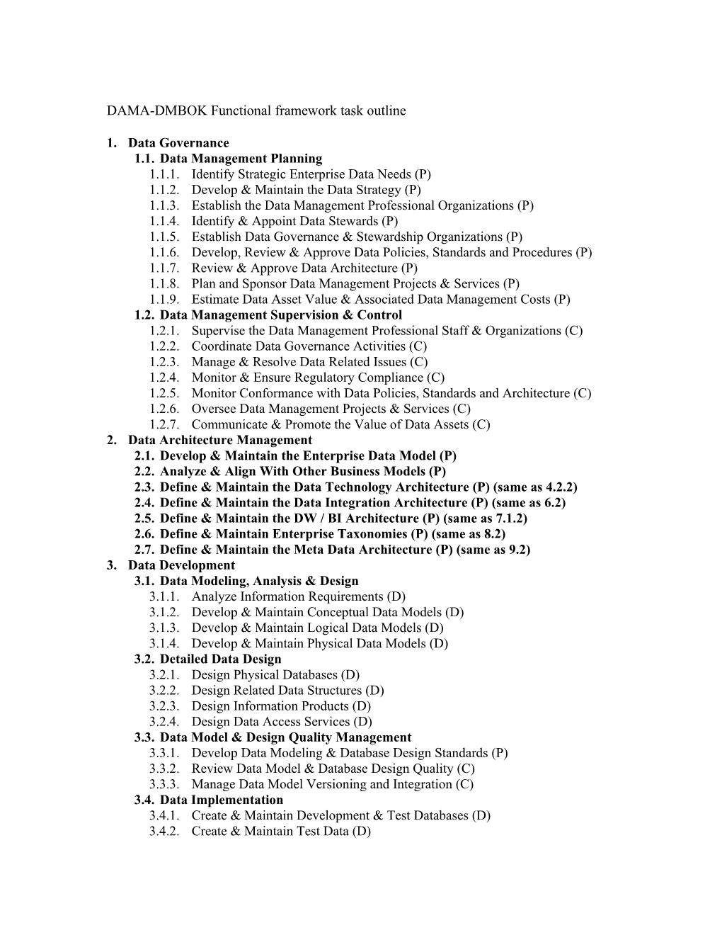 DAMA-DMBOK Functional Framework Task Outline