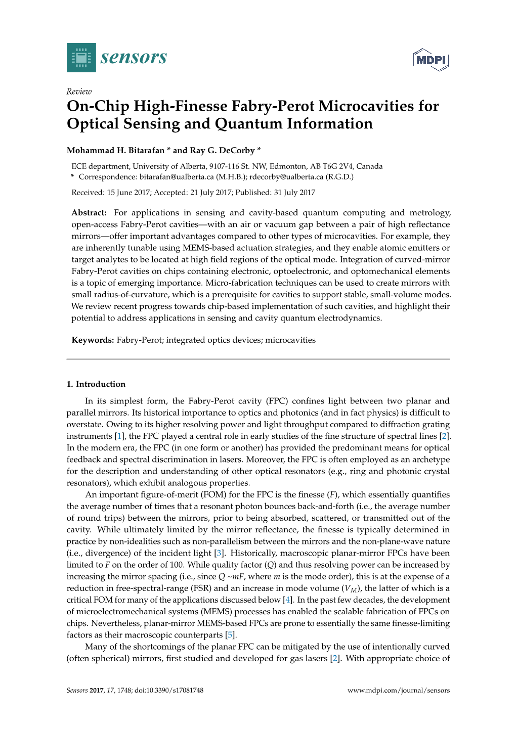 On-Chip High-Finesse Fabry-Perot Microcavities for Optical Sensing and Quantum Information