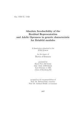 Absolute Irreducibility of the Residual Representation and Adelic Openness in Generic Characteristic for Drinfeld Modules