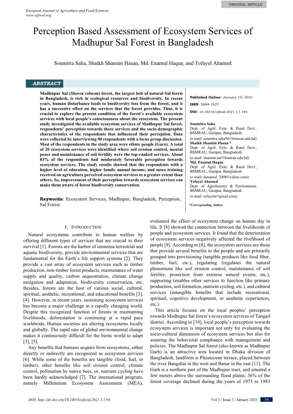 Perception Based Assessment of Ecosystem Services of Madhupur Sal Forest in Bangladesh