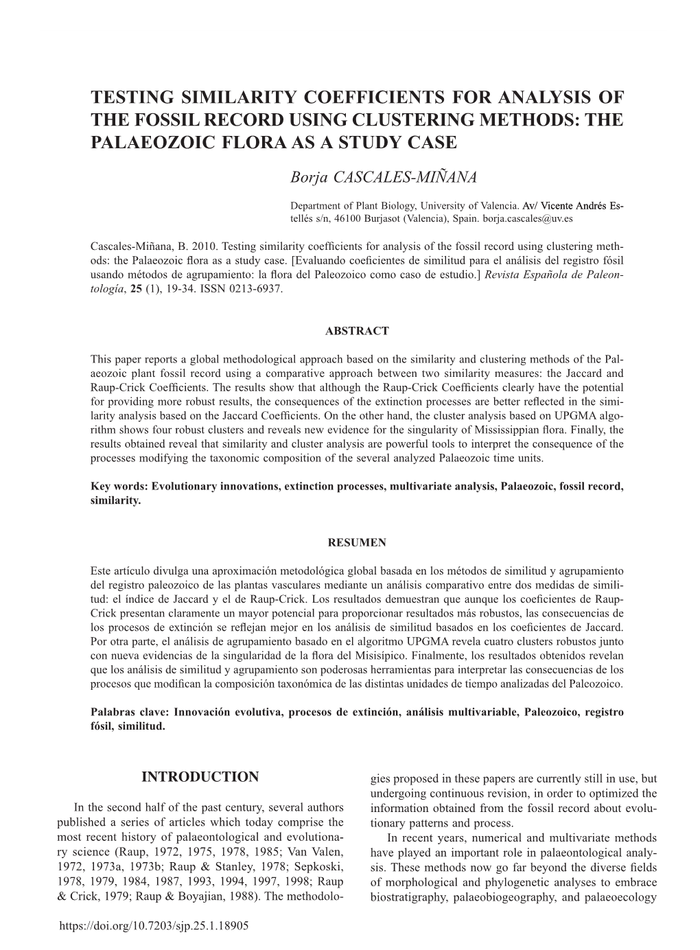 Testing Similarity Coefficients for Analysis of the Fossil Record Using Clustering Methods: the Palaeozoic Flora As a Study Case