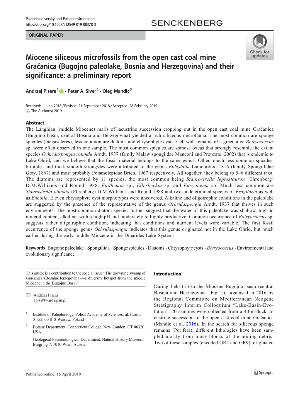 Miocene Siliceous Microfossils from the Open Cast Coal Mine Gračanica (Bugojno Paleolake, Bosnia and Herzegovina) and Their Significance: a Preliminary Report