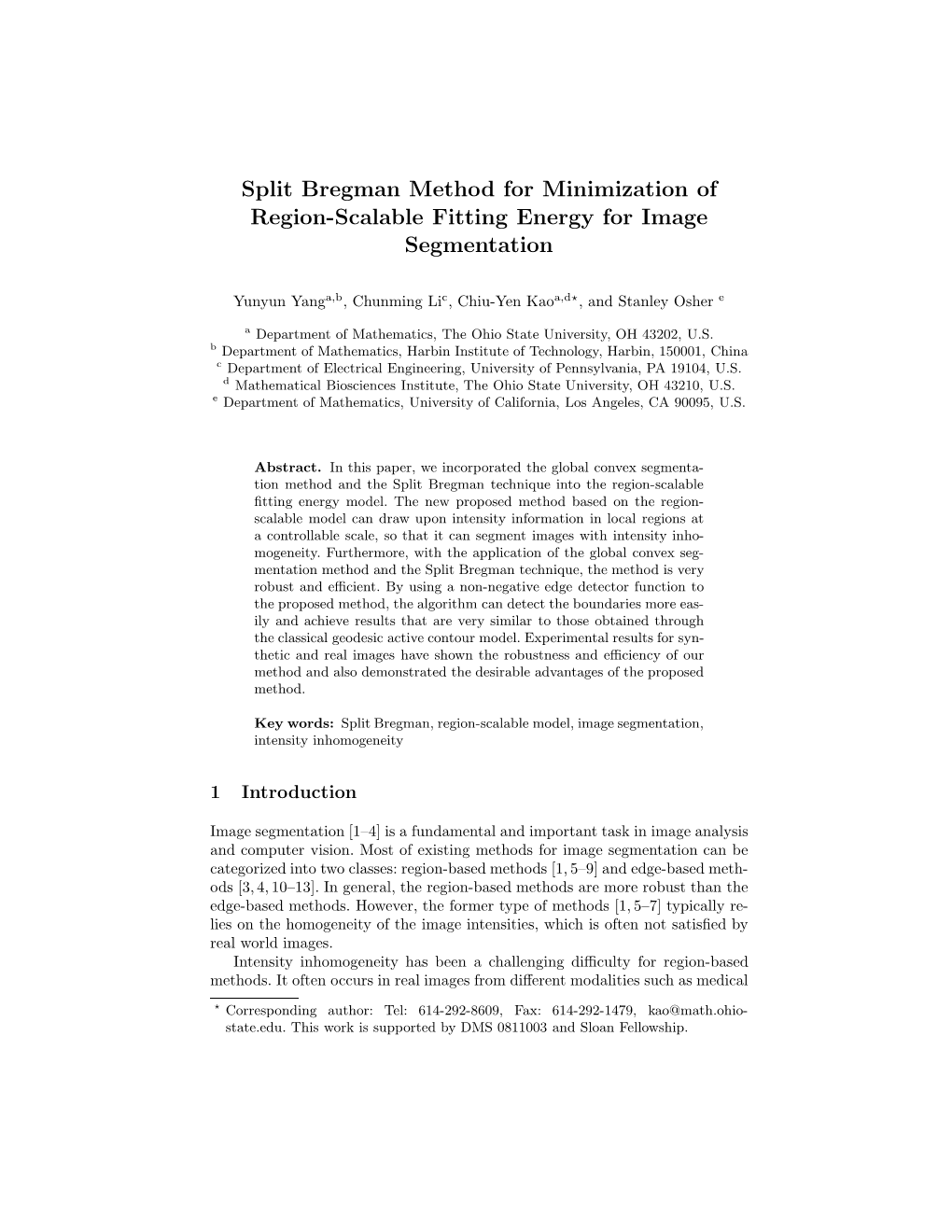 Split Bregman Method for Minimization of Region-Scalable Fitting Energy for Image Segmentation