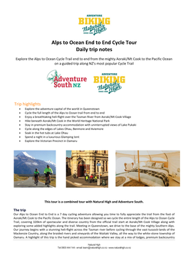 Alps to Ocean End to End Cycle Tour Daily Trip Notes