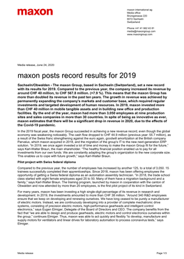 Maxon Posts Record Results for 2019