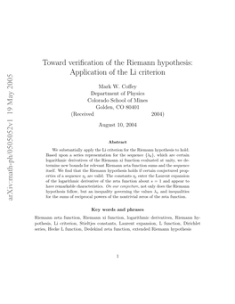 Arxiv:Math-Ph/0505052V1 19 May 2005 Toward Verification of the Riemann Hypothesis: Application of the Li Criterion