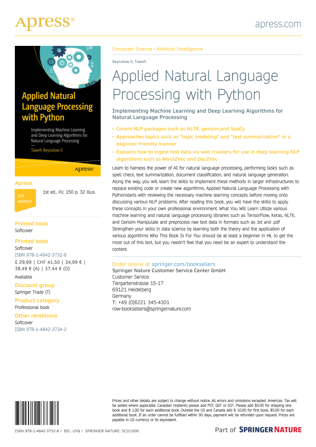 Applied Natural Language Processing with Python Implementing Machine Learning and Deep Learning Algorithms for Natural Language Processing