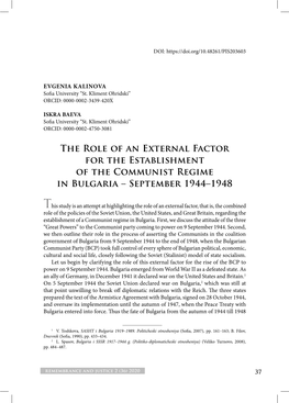 The Role of an External Factor for the Establishment of the Communist Regime in Bulgaria – September 1944–1948