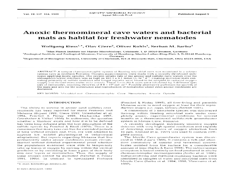 Anoxic Thermomineral Cave Waters and Bacterial Mats As Habitat for Freshwater Nematodes