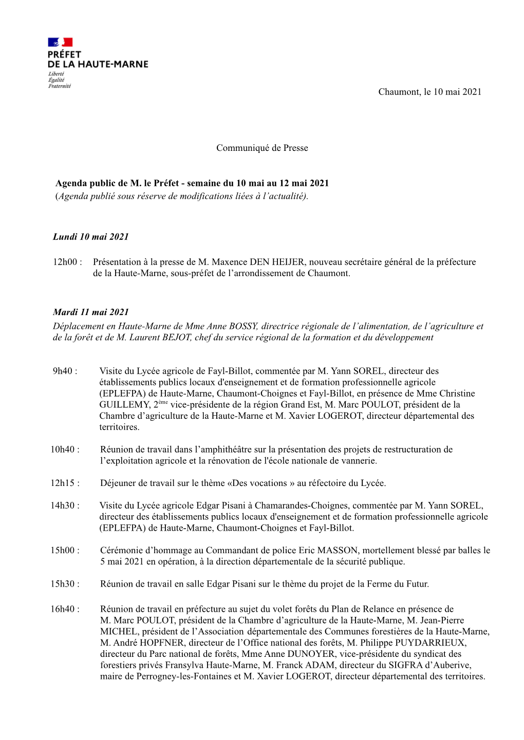 Agenda De M. Le Préfet