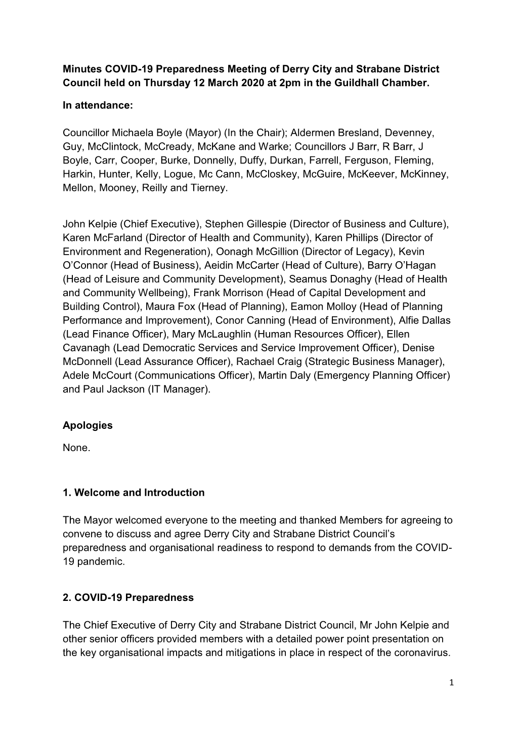 Minutes COVID-19 Preparedness Meeting of Derry City and Strabane District Council Held on Thursday 12 March 2020 at 2Pm in the Guildhall Chamber