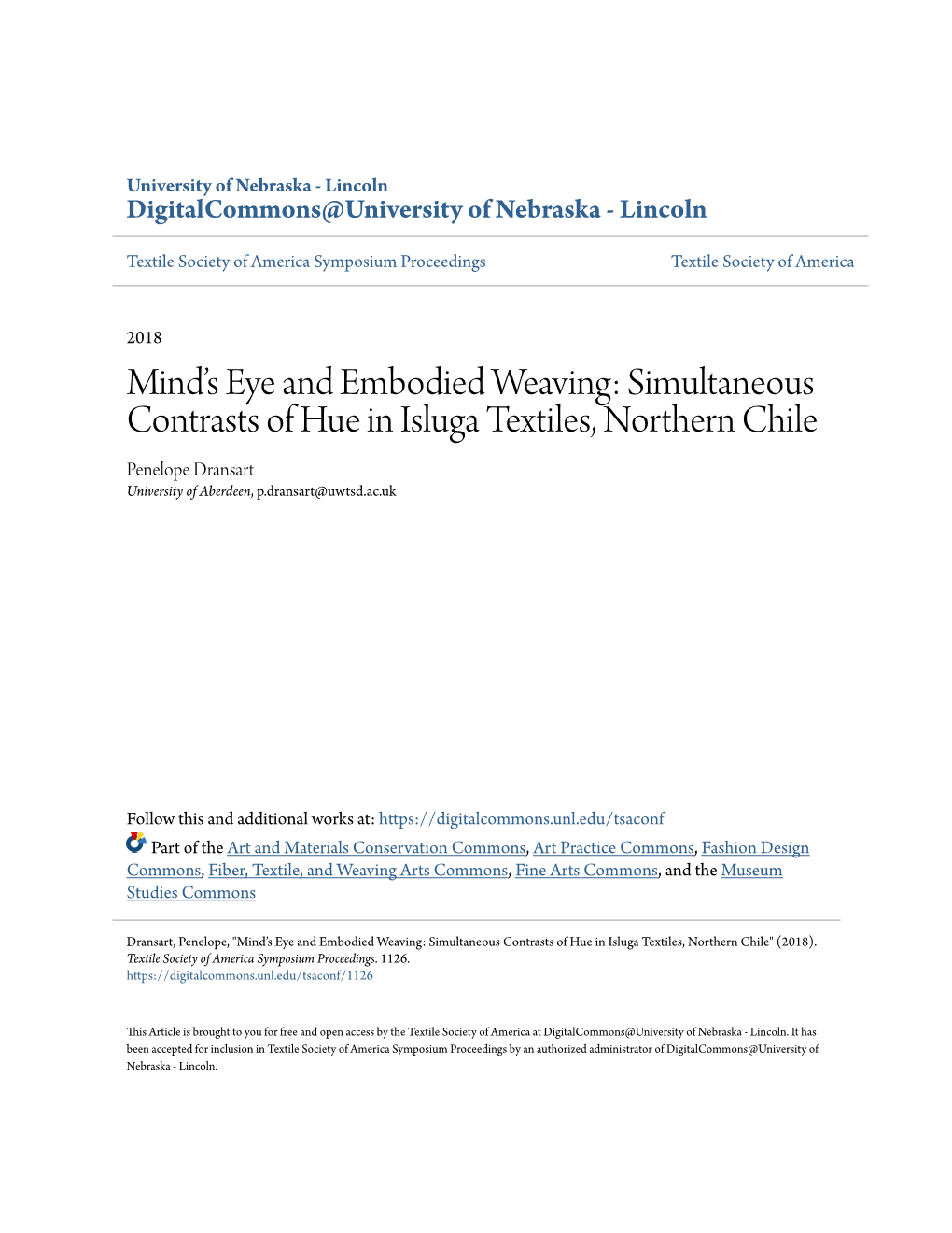 Simultaneous Contrasts of Hue in Isluga Textiles, Northern Chile Penelope Dransart University of Aberdeen, P.Dransart@Uwtsd.Ac.Uk