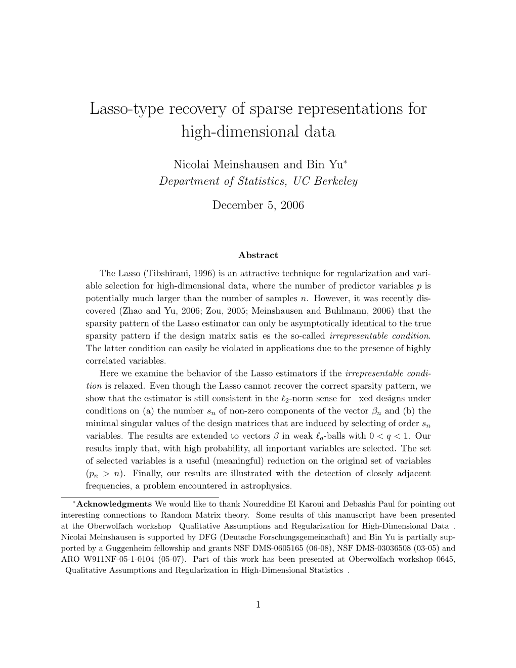 Lasso-Type Recovery of Sparse Representations for High-Dimensional Data