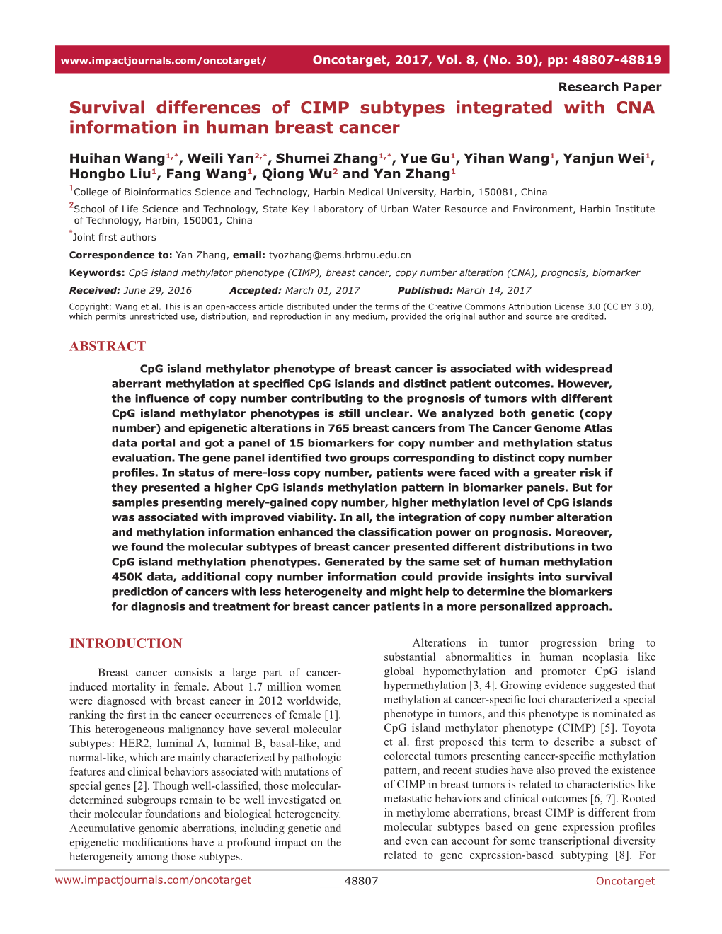 Survival Differences of CIMP Subtypes Integrated with CNA Information in Human Breast Cancer