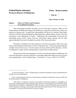 United States Attorney Policy Memorandum Western District of Oklahoma  CR 14 