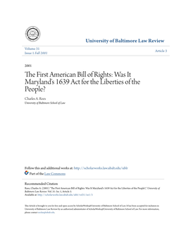 The First American Bill of Rights: Was It Maryland's 1639 Act for the Liberties of the People?
