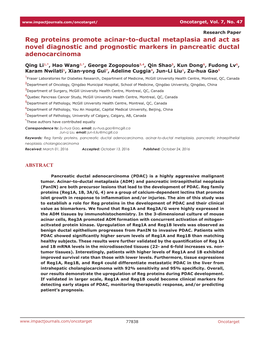 Reg Proteins Promote Acinar-To-Ductal Metaplasia and Act As Novel Diagnostic and Prognostic Markers in Pancreatic Ductal Adenocarcinoma