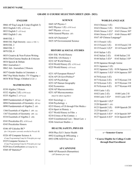 Grade 11 Course Selection Sheet (2020 - 2021)