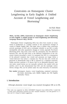 Constraints on Homorganic Cluster Lengthening in Early English: a Unified Account of Vowel Lengthening and Shortening*