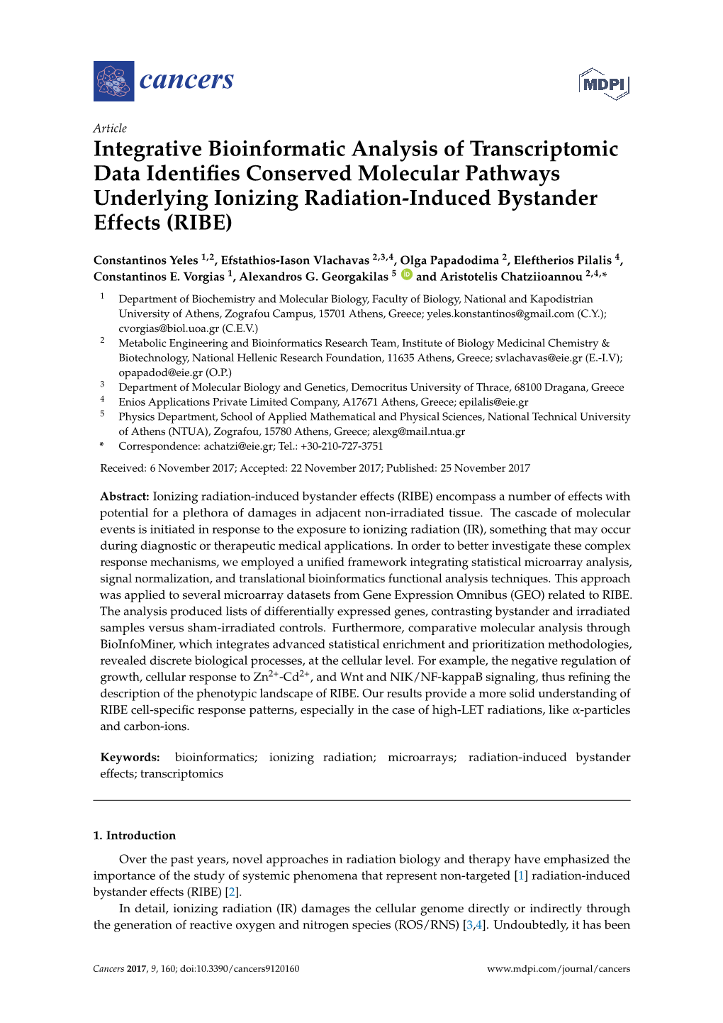 Integrative Bioinformatic Analysis of Transcriptomic Data Identiﬁes Conserved Molecular Pathways Underlying Ionizing Radiation-Induced Bystander Effects (RIBE)