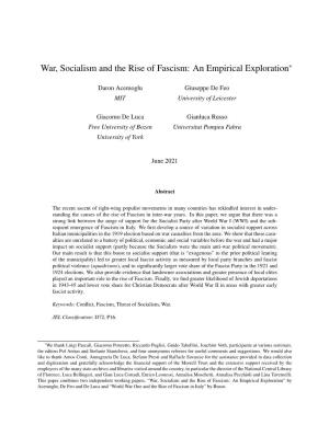War, Socialism and the Rise of Fascism: an Empirical Exploration*