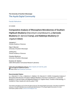 Comparative Analysis of Rhizosphere Microbiomes of Southern Highbush Blueberry (&lt;Em&gt;Vaccinium Corymbosum&lt;/Em&gt; L.), D