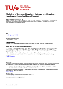 Modelling of the Deposition of Molybdenum on Silicon from Molybdenum Hexafluoride and Hydrogen