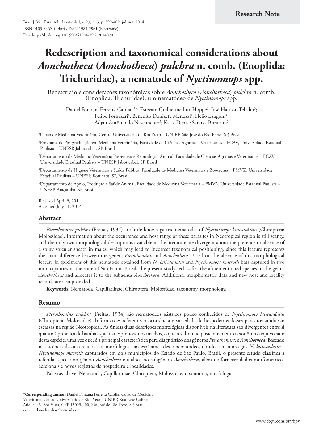 Redescription and Taxonomical Considerations About Aonchotheca (Aonchotheca) Pulchra N