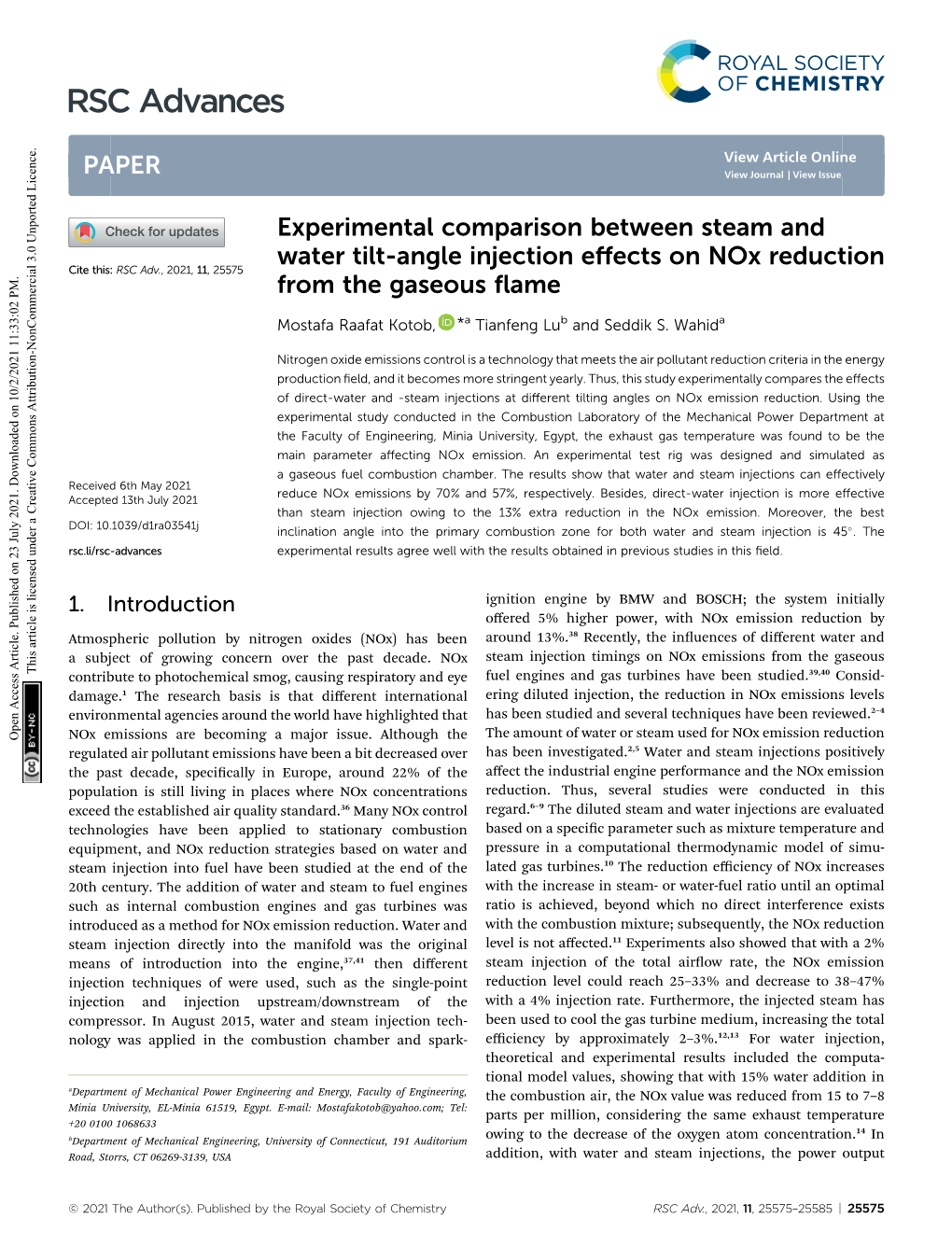 Experimental Comparison Between Steam and Water Tilt-Angle Injection Eﬀects on Nox Reduction Cite This: RSC Adv.,2021,11,25575 from the Gaseous ﬂame