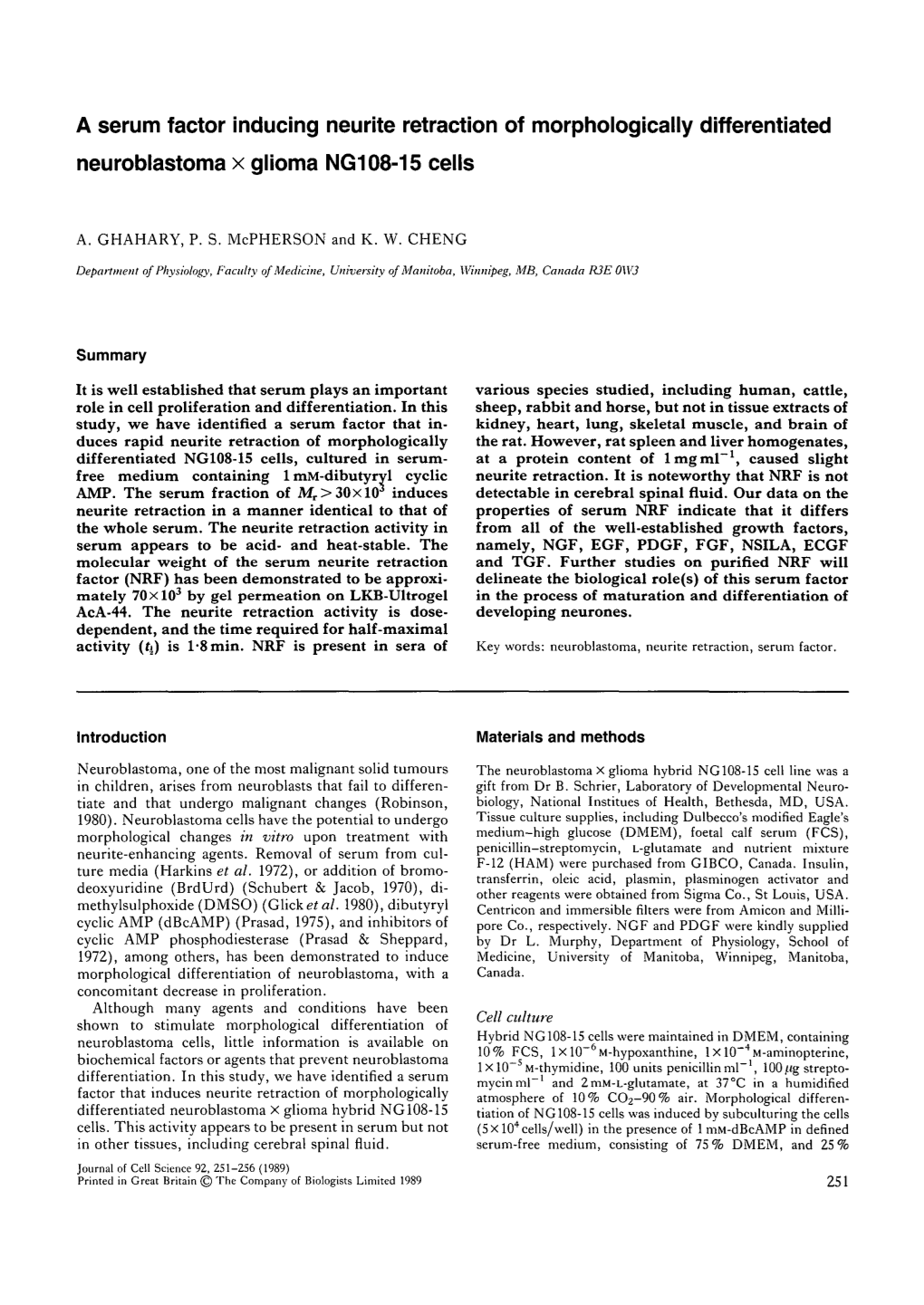 A Serum Factor Inducing Neurite Retraction of Morphologically Differentiated Neuroblastoma X Glioma NG108-15 Cells