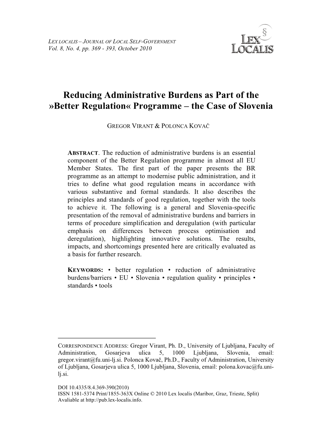 Reducing Administrative Burdens As Part of the »Better Regulation« Programme – the Case of Slovenia