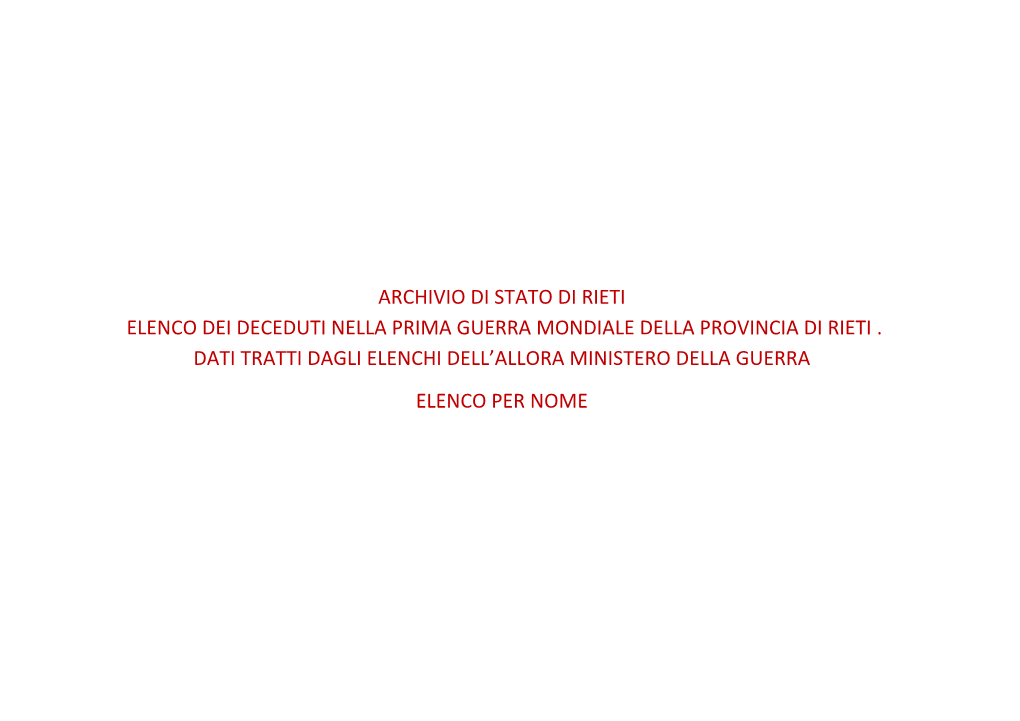 Archivio Di Stato Di Rieti Elenco Dei Deceduti Nella Prima Guerra Mondiale Della Provincia Di Rieti