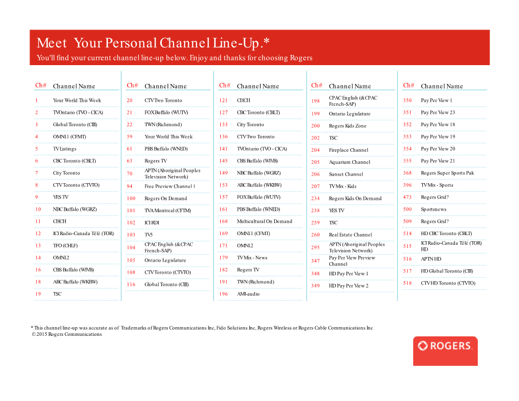 Meet Your Personal Channel Line-Up.* You'll Find Your Current Channel Line-Up Below