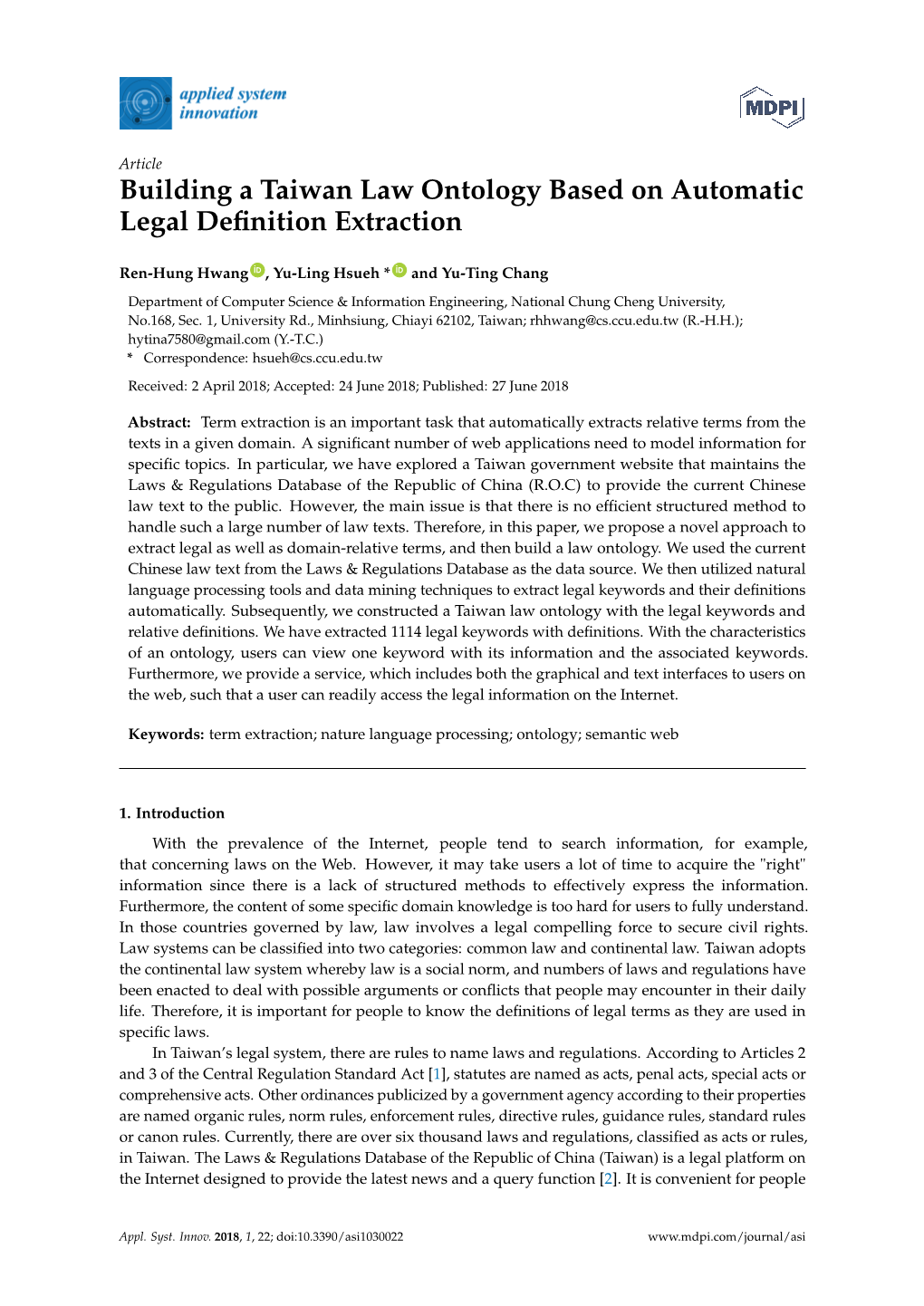 Building a Taiwan Law Ontology Based on Automatic Legal Deﬁnition Extraction