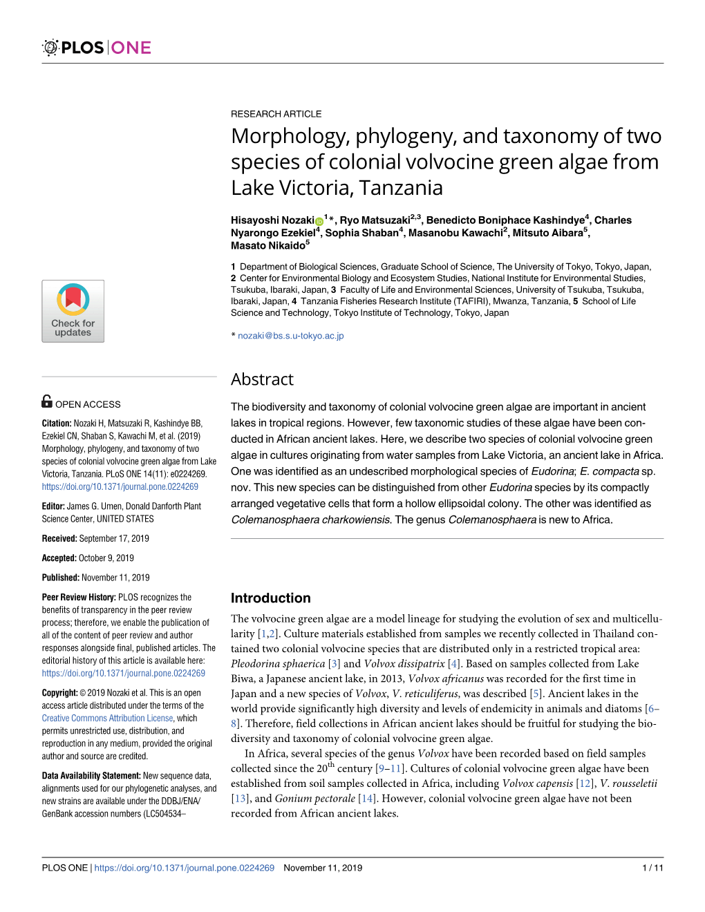 Morphology, Phylogeny, and Taxonomy of Two Species of Colonial Volvocine Green Algae from Lake Victoria, Tanzania