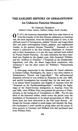 THE EARLIEST HISTORY of GERMANTOWN an Unknown Pastorius Manuscript