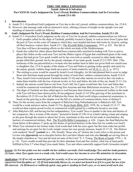 THRU the BIBLE EXPOSITION Isaiah: Jahweh Is Salvation Part XXXVII: God's Judgment on Tyre's Proud, Ruthless Commercialism and Its Correction (Isaiah 23:1-18)