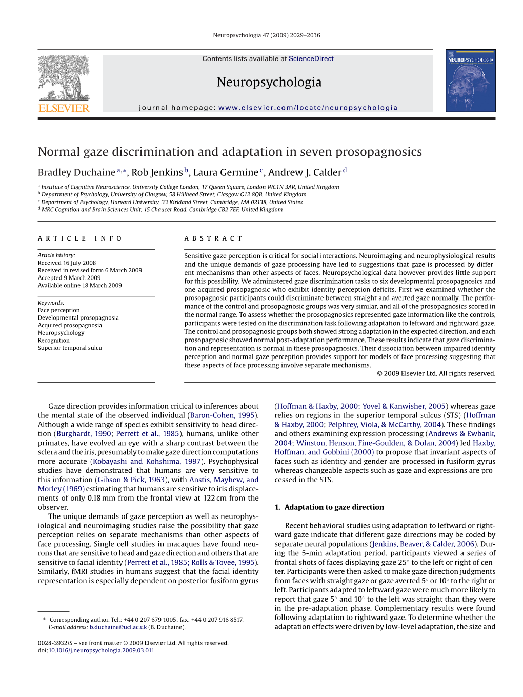 Neuropsychologia Normal Gaze Discrimination and Adaptation In