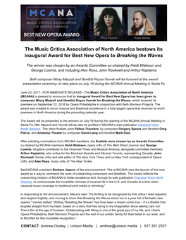 The Music Critics Association of North America Bestows Its Inaugural Award for Best New Opera to Breaking the Waves