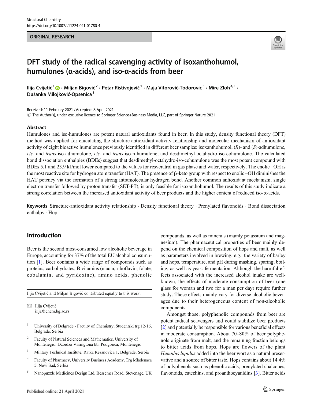 DFT Study of the Radical Scavenging Activity of Isoxanthohumol, Humulones (Α-Acids), and Iso-Α-Acids from Beer