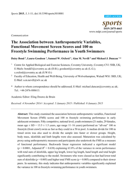 The Association Between Anthropometric Variables, Functional Movement Screen Scores and 100 M Freestyle Swimming Performance in Youth Swimmers