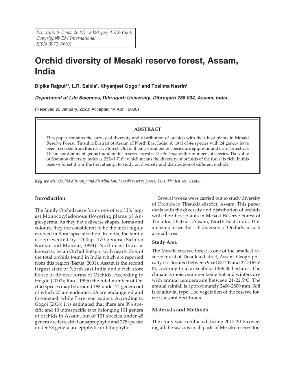 Orchid Diversity of Mesaki Reserve Forest, Assam, India