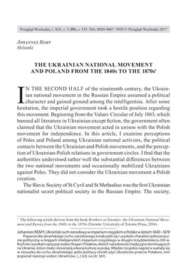 THE UKRAINIAN NATIONAL MOVEMENT and POLAND from the 1840S to the 1870S1