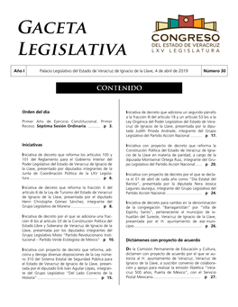 Año I Palacio Legislativo Del Estado De Veracruz De Ignacio De La Llave, 4 De Abril De 2019 Número 30 Orden Del Día Iniciativ
