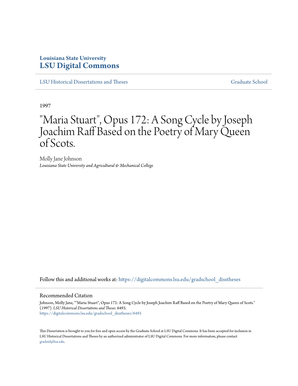 "Maria Stuart", Opus 172: a Song Cycle by Joseph Joachim Raff Ab Sed on the Poetry of Mary Queen of Scots