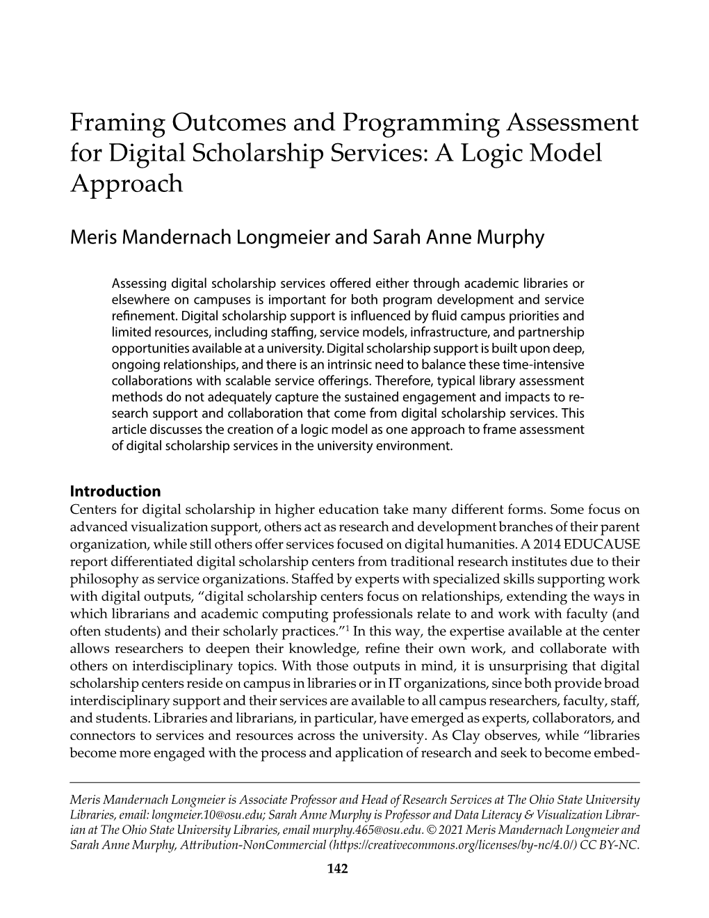 Framing Outcomes and Programming Assessment for Digital Scholarship Services: a Logic Model Approach