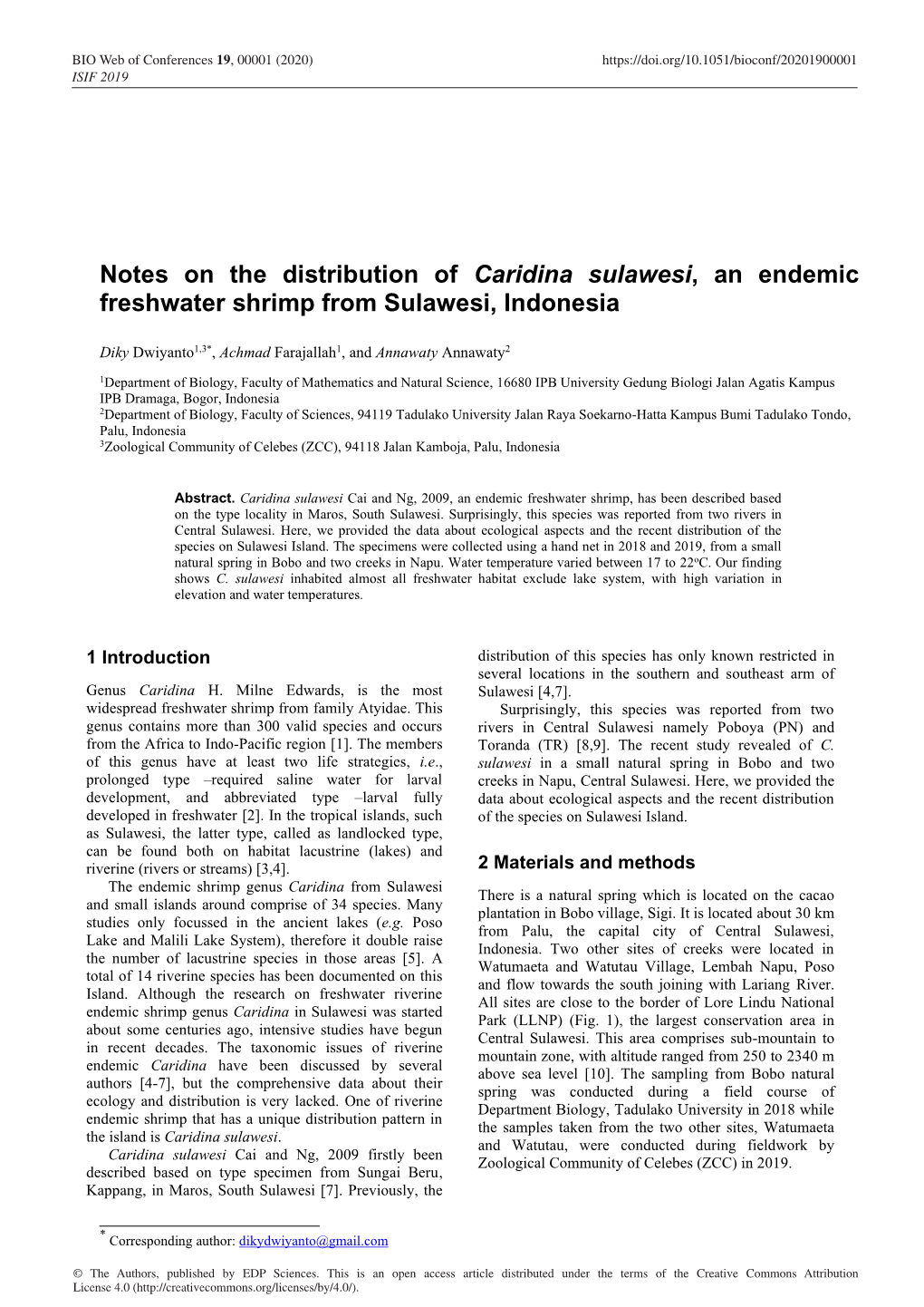 Notes on the Distribution of Caridina Sulawesi, an Endemic Freshwater Shrimp from Sulawesi, Indonesia